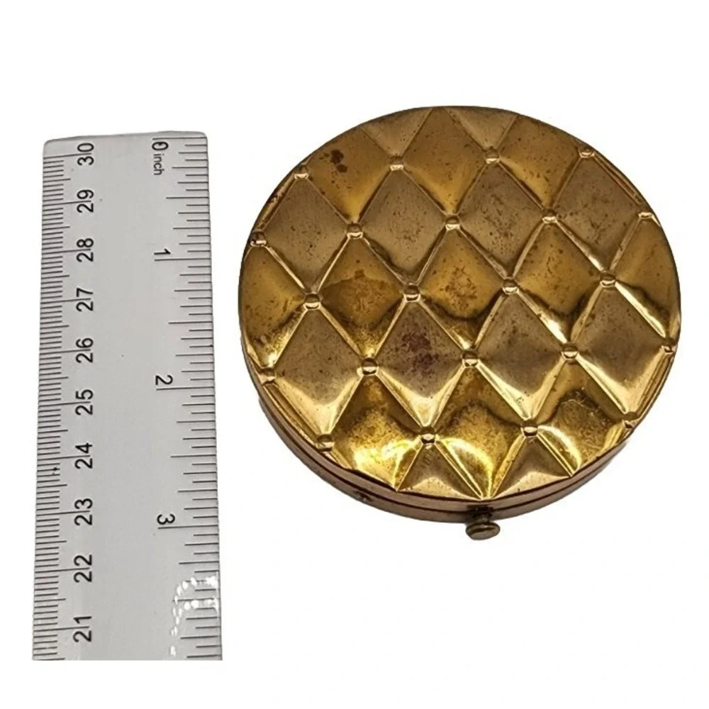 Vintage Compacts By Ritz Gold Tone Quilted Detail Circular Pressed Powder Tin